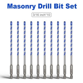 10 Pack 3/16 inch Concrete Drill Bit Set,Masonry Drill Bit Set with Hex Shank,Carbide Tip Drill Bits for Concrete, Cement, Tile,Brick and Plastic (3/16"（10 Pcs）)