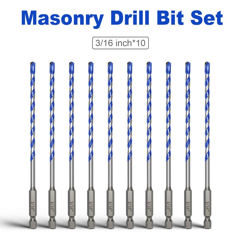 10 Pack 3/16 inch Concrete Drill Bit Set,Masonry Drill Bit