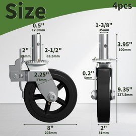 OK5STAR 8 Inch Scaffolding Wheels, Set of 4 Scaffold Caster with Dual Locking Brakes, Heavy Duty 750LBS Capacity per Rubber Caters 1-3/8" Solid Round Stem Replacement for Scaffold Workbench Shelves