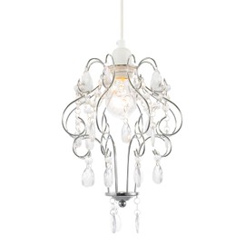 Traditional Polished Chrome Shabby Chic Chandelier Style Pendant Ceiling Lamp Shade with Acrylic Beads and Droplets | 31cm x 24cm by Happy Homewares
