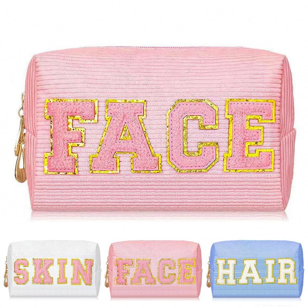 Cosmetic Bags for Women, Corduroy Makeup Bag, Chenille Letter Organizer Skin Care Bag, Portable Makeup Pouch with Metal Zipper for Travel Toiletry Girls Gift (FACE-Pink)