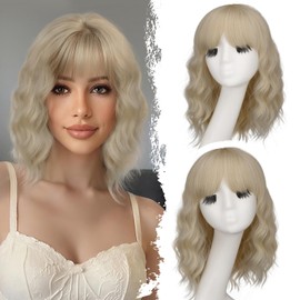Nnzes Short Wavy Bob Wig with Bangs for Women Shoulder Length Curly Platinum Blonde Synthetic Heat-Resistant Fiber Hair for Daily & Party Use