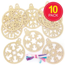 Baker Ross FE898 Snowflake Wooden Baubles Decorations - Pack of 10, Make Your Own Christmas Decorations, Wooden Crafts for Kids, Hanging Decorations for Christmas Trees