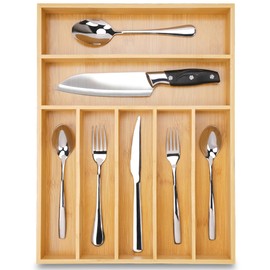 Upassion Bamboo Kitchen Drawer Organizer, 13 Inch Silverware Organizer with Extra-deep Grooved Divider, 7 Slots Pure Bamboo Wood Caddy for Flatware Cutlery Knives, Forks, Spoons