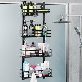 Orimade Over The Door Shower Caddy Adjustable 4 Tier Black,Bathroom Hanging Organizer Shelf Rustproof with 4 Hooks,Shower Basket with Soap Holder and Suction Cup