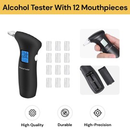 EZONEDEAL Alcohol Breathalyser with 12 Mouthpieces Portable Tester LCD Display High Accuracy Digital Breath Semiconductor Sensor for Personal & Professional Use-Black