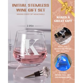 Physkoa Initial K Wine Glass Stemless-【Etched Dishwasher Safe】 Monogrammed Wine Glasses Gifts for Women-Initial Birthday/Christmas Wine Gifts for Women,Mom,Wife,Bestie(Letter K)