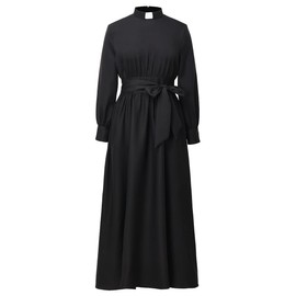 CAMDOM Church Clergy Dress for Women Long Sleeve A Line Elegant Maxi Dress with Tab Insert Stand Collar and Belt Black