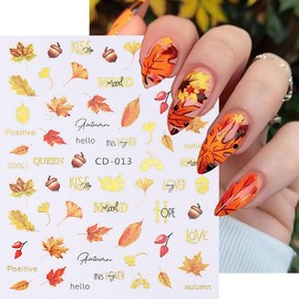 Fall Nail Art Stickers 8 Sheets Yellow Maple Leaves 3D Self-Adhesive Nail Decals Autumn Leaves Designs Thankgiving Decorations Flower Maple Sunflower DIY Manicure Supplies for Women Girls&Kids