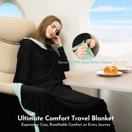 16-in-1 Compact Travel Blanket with Bag – Reversible, Ultra Soft Bamboo Airplane Blanket with Hidden Pocket - Lightweight & Packable for Flights, Camping, Picnic, Travel Essentials (Seafoam/Black)