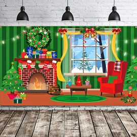 Merry Christmas Backdrop Scene Setters Banner Welcome Winter Snow Decorative Xmas Background for Wall Decoration Christmas Party Decor Holiday Time (Green Red Mantel Window)