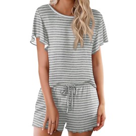 Ekouaer Womens Pajama Set 2 Piece Lounge Set Short Sleeve Pjs Tops and Shorts Soft Sleepwear,Gray/White Stripe,Large