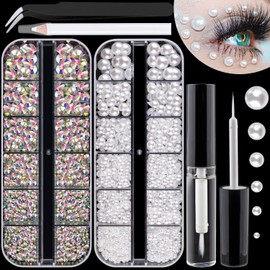 Flat Back Rhinestones&Pearls Kits Round Glass Crystal AB Gems+White Pearls With Quick Dry Makeup Glue+Picker Pencil+Tweezer For Nail Art And Face Eye Body Make-up