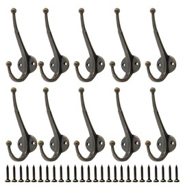 BODINGTAI Rustic Farmhouse Entryway Hooks 10 Pack Decorative Vintage Hangers Wall Mounted Hard Antique Industrial Heavy Duty Hook Set Double Farmhouse Utility Hook (2# Brone 10 PCS)