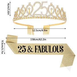 25th Birthday Sash and Tiara for Women, 25 & Fabulous Sash and Tiara Birthday Crown, Happy 25th Birthday Gifts for Queen Woman Party Favors Supplies and Decorations, Gold