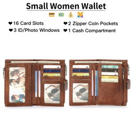 GOIACII Leather Purses for Women, Bifold Compact Womens Wallet with RFID Blocking, Medium Ladies Purse Credit Card Wallet with 16 Card Slots and Zip Coin Pocket