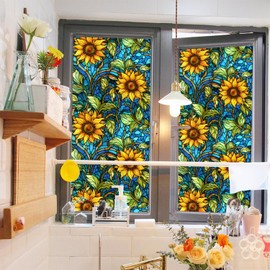 WBQMUNY Sunflower Stained Glass Window Film,Non Adhesive Privacy Film,Stained Glass Window Film for Bathroom Shower Door Heat Anti UV 17.7"x39.5"