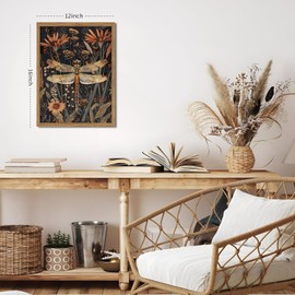 Framed Vintage 3D Textured Wall Art Dark Green Dragonfly Flowers Wall Decor Hand Drawn Sandstone Nature Botanical Pictures for Living Room Bedroom 12x16 inch