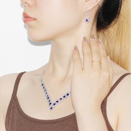 JunyiDIY Blue Rhinestone Bridal Jewelry Set for Women | Silver Necklace and Earrings for Brides | Crystal Prom Choker Set for Weddings and Special Occasions