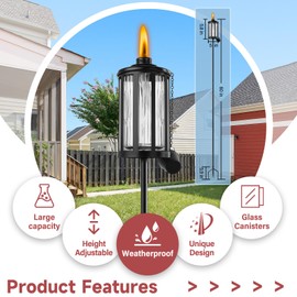 FALBAWR 4 Pack Glass Citronella Torches, 16 oz Garden Torches for Outside with 3-Prong Grounded Stake, 55 inch Outdoor Clear Glass Flame Light Torch for Yard, Patio, Deck, Garden, Party, Landscape