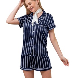 WJing Yi Jia 3Pcs Womens Silk Satin Pajama Sets XS-2XL Sleepwear Silky Pajamas Stripe Loungewear Bridal Pjs Set With Scarf