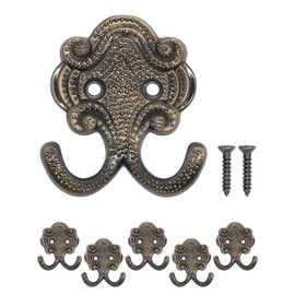 Fuxxer® Classic Coat Hooks, Double Hooks, Hat Hooks, Antique Design, Set of 5, Bronze (Small)