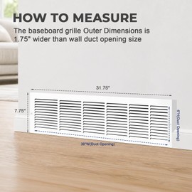 30x6 Baseboard Return Air Grille for 30"Wx6"H Duct Opening, 7/8" Depth