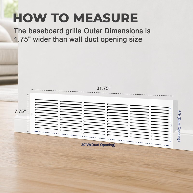 30x6 Baseboard Return Air Grille for 30"Wx6"H Duct Opening, 7/8"