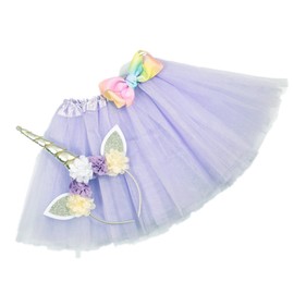 Nishine Tutu Skirt Dress + Unicorn Horn Headband Set Kids Birthday Photo Props Outfit - Lavender