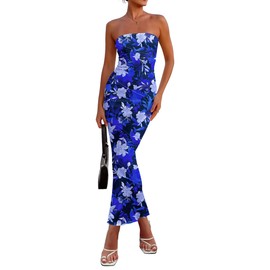 PRETTYGARDEN Women's 2025 Summer Floral Bodycon Maxi Dresses Ribbed Strapless Tube Casual Boho Party Long Dress (Floral Blue,Medium)