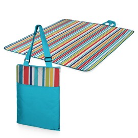 PICNIC TIME ONIVA - a Picnic Time brand - Vista Outdoor Picnic Blanket & Tote - Beach Blanket - Camping Blanket, (Fun Stripe Pattern with Aqua Blue Exterior)