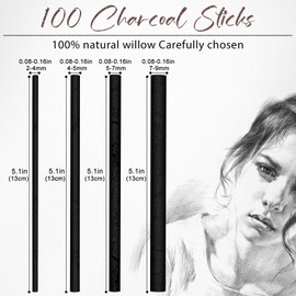 EVNEED 100 Pcs Willow Charcoal Sticks, Willow Charcoal, Soft Black Drawing Charcoal for Sketching and Drawing Art Sketch Artists Supplies, 5.7 Inch in Length, 2-4, 4-5, 5-7,7-9 mm