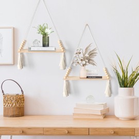 Dremisland Set of 2 Macrame Wall Shelves, Wooden Hanging Shelves, Boho Wall Decoration, Cotton Rope with Wooden Beads, Tassels, Floating Shelf, Plant Shelf, Wall Shelf, Balcony, Living Room, Bedroom,
