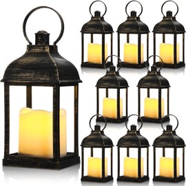 Kittmip 8 Pcs 10 Inch Bronze Decorative Candle Lantern Bulk for Wedding Centerpieces Bronze Lanterns with LED Flameless Candle Indoor Outdoor Battery Powered Hanging Lights for Wedding Party