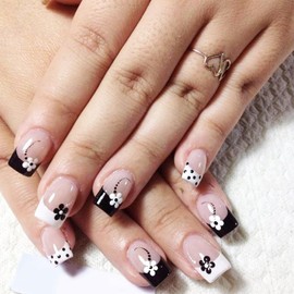 Flower Press on Nails Short Square Fake Nails Black White French Tip Glue on Nails with Design Nude Wave Point Acrylic Nails Spring Flowers False Nails for Women Girls DIY Manicure Decoration 24pcs