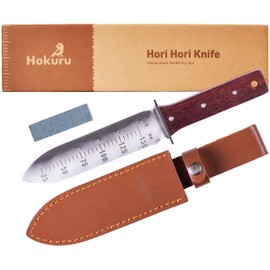 Hori Hori Knife - Landscaping, Digging, Weeding, Cutting, Planting Gardening Tool With Leather Sheath, Stainless Steel Blade and Sharpening Stone
