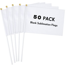 Remerry 50 Pcs White Small Mini Flags Bulk Sublimation Blank Flags Solid Plain White Flag Hand Held DIY Miniature Flags on Stick for Garden Car Parades Grand Opening Birthday Wedding Party Events Celebration