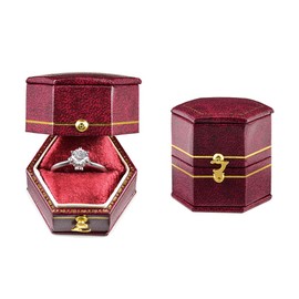 TAIMY Classical Victorian Style Wedding Tiny Ring Box, Handcrafted Gift Ring Box Proposal Pocket Size Small Keepsake Jewelry Box (Red, Hexagon)
