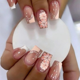 YOSOMMK Square Press on Nails Short Fake Nails with Pink Flower Designs Nude Glossy Full Cover False Nails Cute Glue on Acrylic Nails for Women and Girls