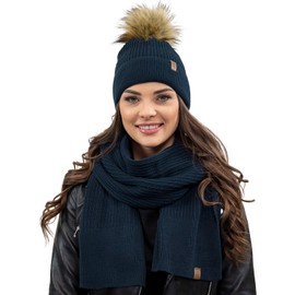 Vivisence Elegant Women’S Winter Set Classic Style Hat with Pom-Pom and Matching Scarf Warm and Static-Free Fabric Perfect for Both Elegant and Sporty Outfits Great Gift Idea, Dark Blue,UNI