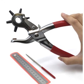 Adorox Heavy Duty Belt Hole Puncher for Leather – 6 Size Revolving Leather Hole Punch Tool with Ruler & Deburring File, Perfect for Belts, Straps, DIY Leathercraft, and Repair