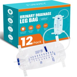 FURWEY 12 Pack Catheter Bags, Premium Easy-Tap Leg Bag Urinary Drainage Bag,1000 ml Capacity,Non-Drip Closure and Anti-Reflux Valventi-Reflux Valve, with Two Latex-Free Straps to Attach to Your Leg