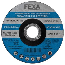 Fexa Cutting Disc 125 for Metal, Sanding Discs for Steel, Stainless Steel, Stainless Steel, Stainless Steel, 125 mm x 1 mm, Pack of 10, Thin Flex Discs