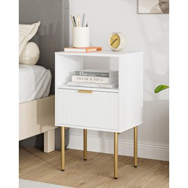 Masupu Night Stand, Mid-Century Bedside Table with Storage Drawer and Open Wood Shelf, Small Gold Frame Flueted Nightstand, Side Table for Bedroom, Living Room, White(Tall 25'')