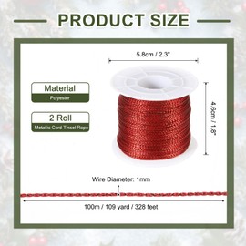 PATIKIL 656 Feet / 218 Yard Metallic Cord Tinsel Ornament String, 1mm Tag Cord Non Stretch Twine Thread for Gift Wrapping Craft Jewelry Making, Red 2 Spool