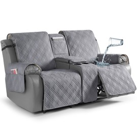 TAOCOCO Loveseat Recliner Cover with Center Console, 100% Waterproof Pet Covers for Dual Recliner with Straps Design, Split Reclining Loveseat Cover Furniture Pet&Kids Protector (2 Seater, Gray)
