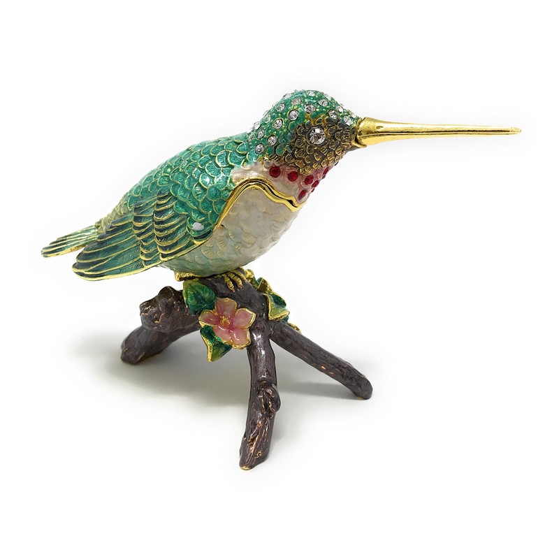 Kubla Crafts Enameled Green Hummingbird on Branch Trinket Box, Accented