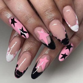 Press on Nails Medium Almond MABKJLF French Tip Pink and Black Full Cover False Nails with Stars Designs Y2K Press on Nails Glossy Glue on Nails Artificial Acrylic Nails for Women Girls 24 Pcs