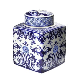 Creative Co-Op Decorative Square Ceramic Ginger Jar with Lid for Small Spaces, Blue and White, Floral Pattern