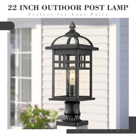 Emliviar 22" Outdoor Post Light, Large Exterior Post Lamp for Garden Backyard, Die-cast Aluminum with Seeded Glass, Black Finish, DE281P-M BK